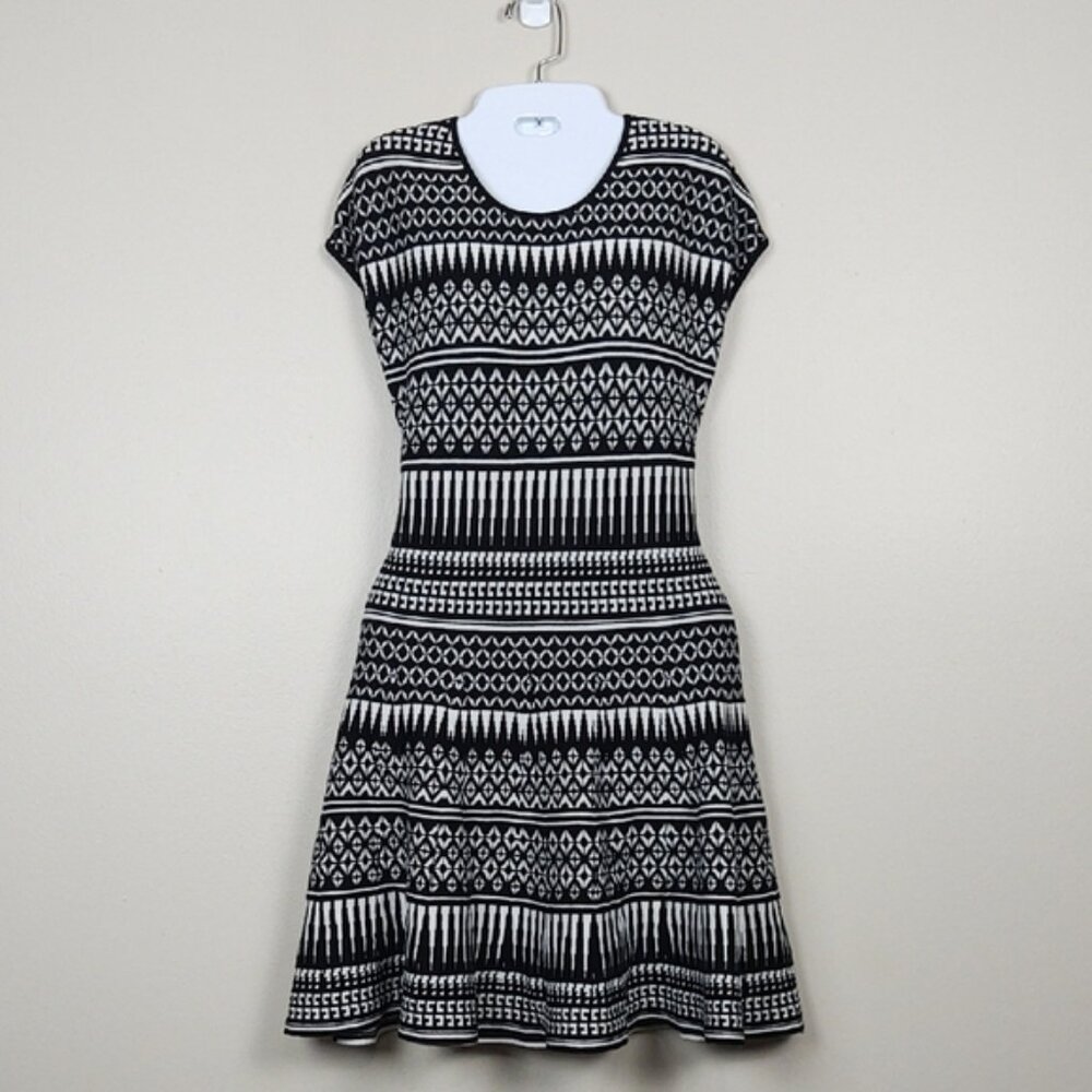 Max Studio Office Workwear Geometric Knit Fit & Flare Dress Cotton Large